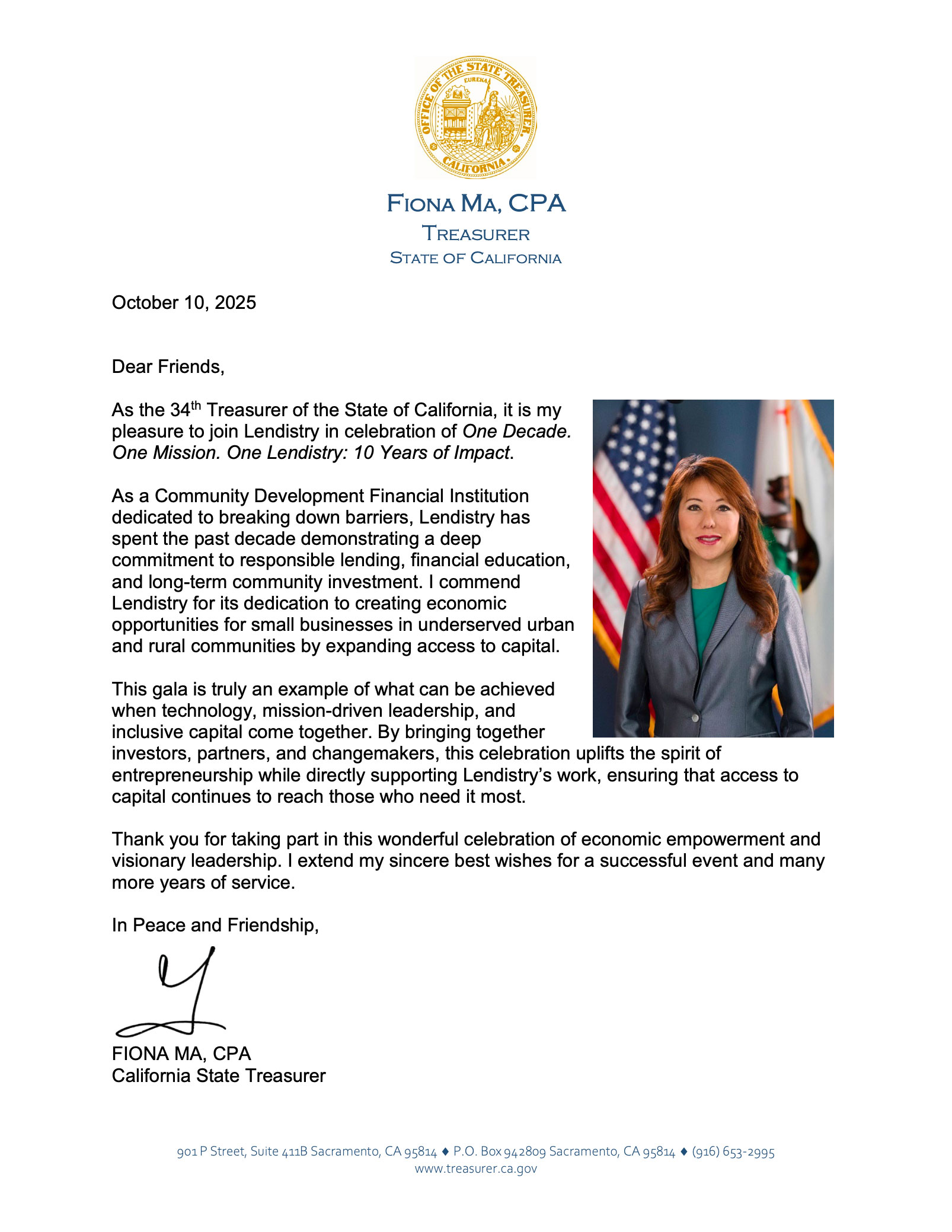 10.10.2025 Lendistry 10 Years of Impact - Letter from Fiona Ma